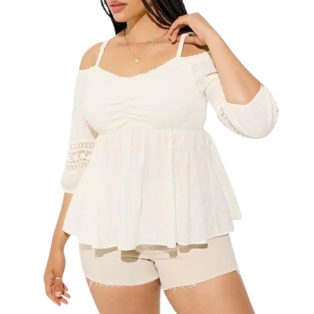 Torrid Top 0 Size Large Clip Dot Smocked 3/4 Sleeve Cold Shoulder‎ Beige Boho